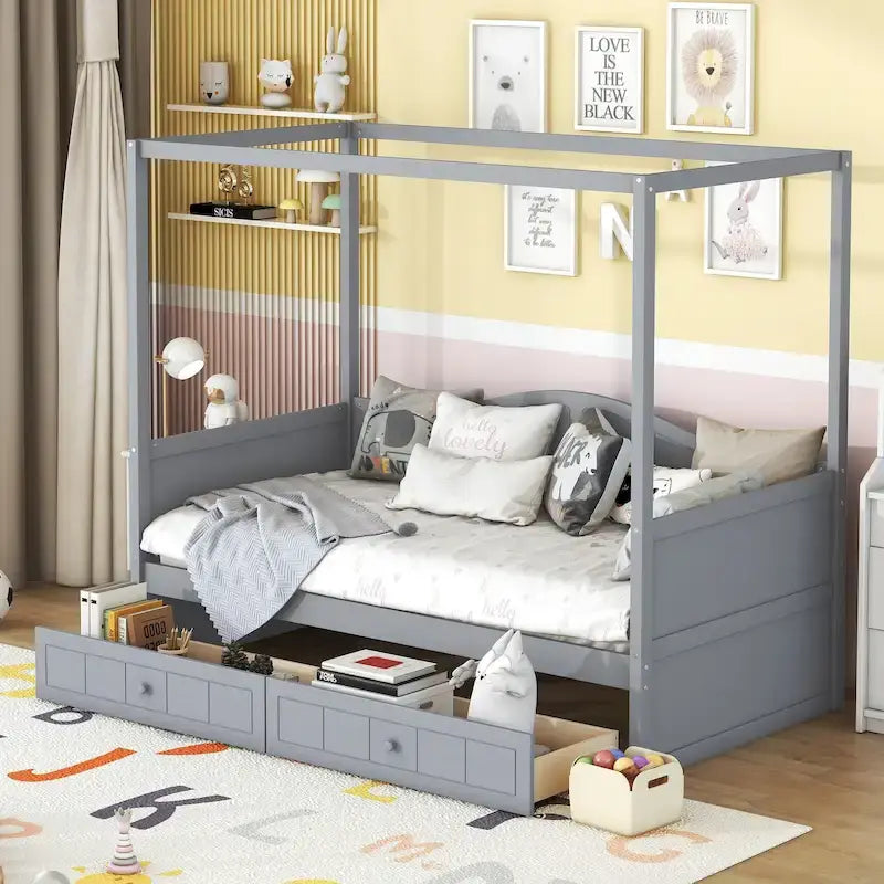 Cadre de lit de jour simple en pin avec baldaquin et 2 tiroirs de rangement