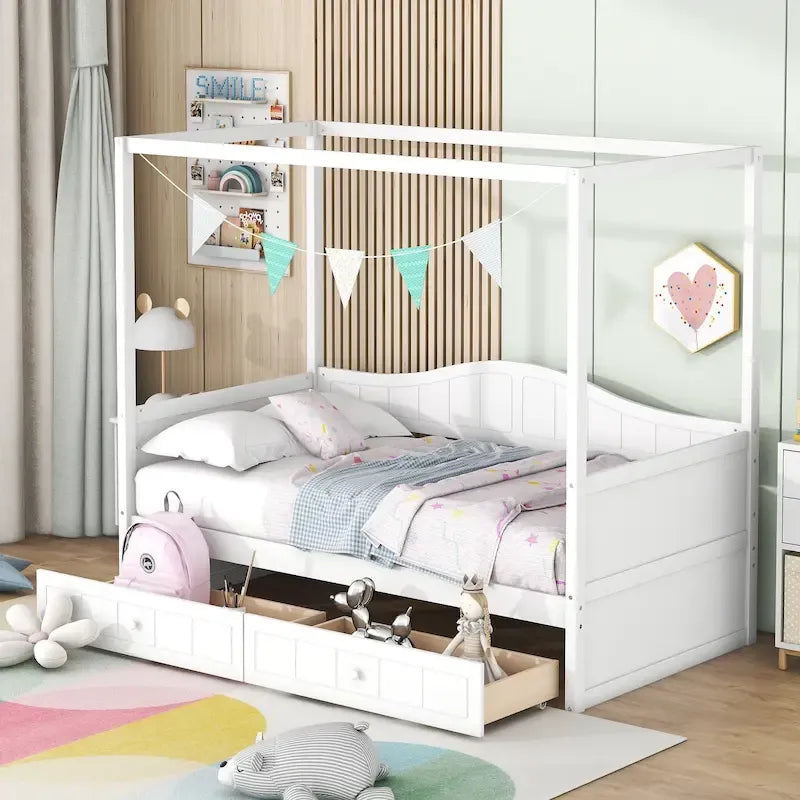 Cadre de lit de jour simple en pin avec baldaquin et 2 tiroirs de rangement