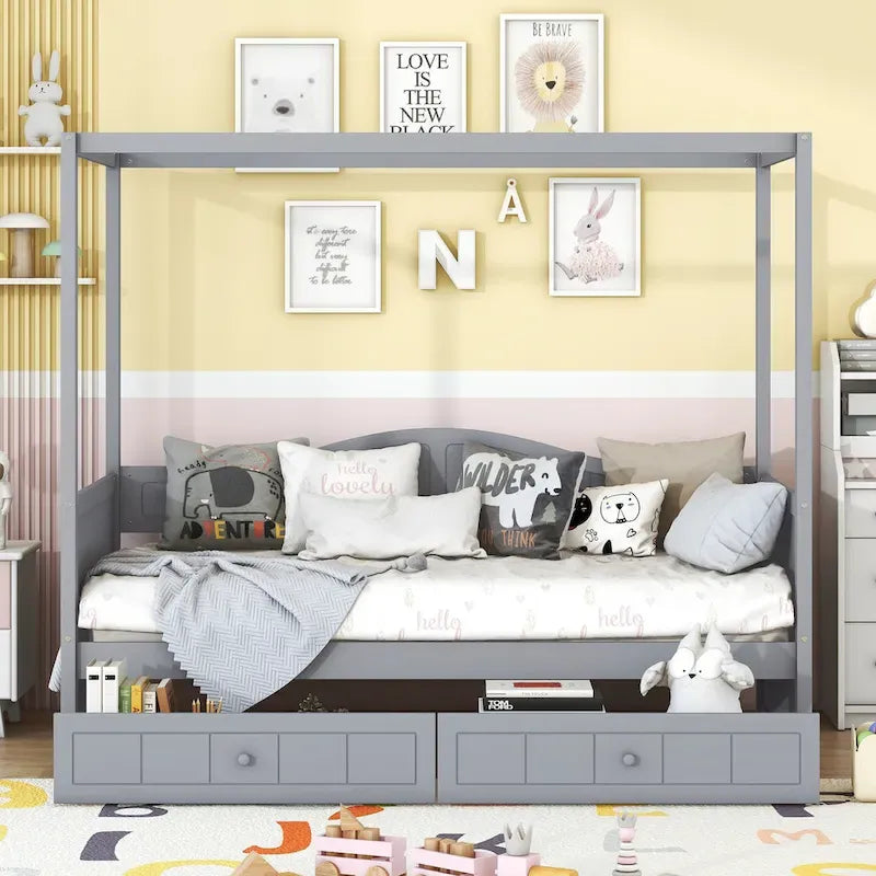 Cadre de lit de jour simple en pin avec baldaquin et 2 tiroirs de rangement