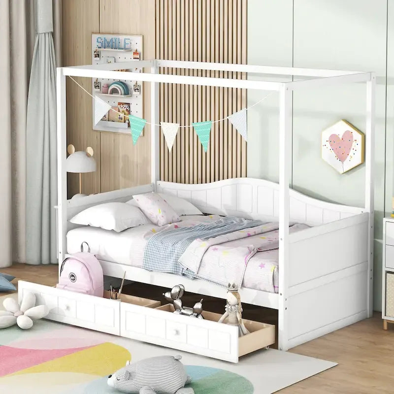 Cadre de lit de jour simple en pin avec baldaquin et 2 tiroirs de rangement