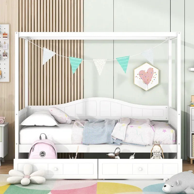 Cadre de lit de jour simple en pin avec baldaquin et 2 tiroirs de rangement