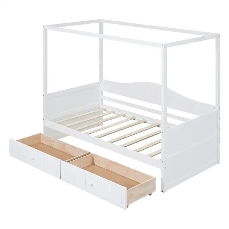 Cadre de lit de jour simple en pin avec baldaquin et 2 tiroirs de rangement