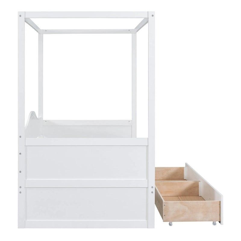 Cadre de lit de jour simple en pin avec baldaquin et 2 tiroirs de rangement