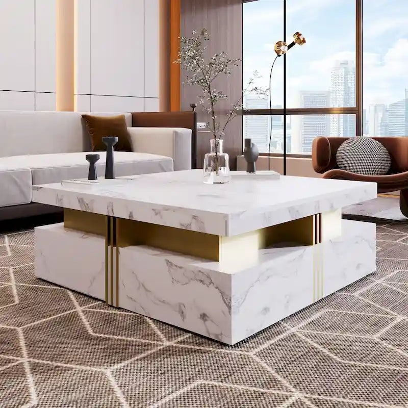 Table basse carrée moderne de 43,3 cm avec 4 tiroirs de rangement pour salon
