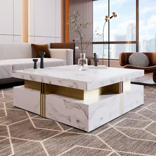Table basse carrée moderne de 43,3 cm avec 4 tiroirs de rangement pour salon
