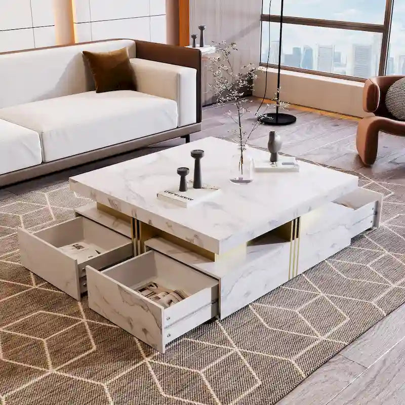 Table basse carrée moderne de 43,3 cm avec 4 tiroirs de rangement pour salon