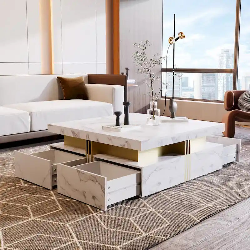 Table basse carrée moderne de 43,3 cm avec 4 tiroirs de rangement pour salon