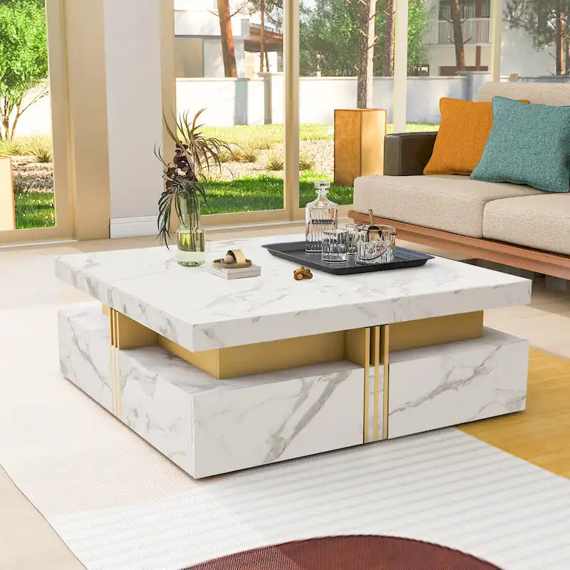 Table basse carrée moderne de 43,3 cm avec 4 tiroirs de rangement pour salon
