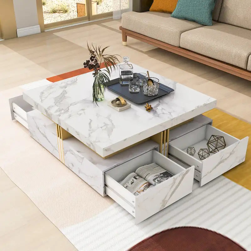 Table basse carrée moderne de 43,3 cm avec 4 tiroirs de rangement pour salon