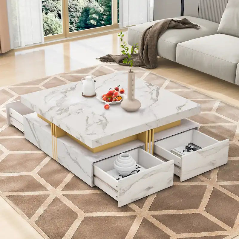 Table basse carrée moderne de 43,3 cm avec 4 tiroirs de rangement pour salon