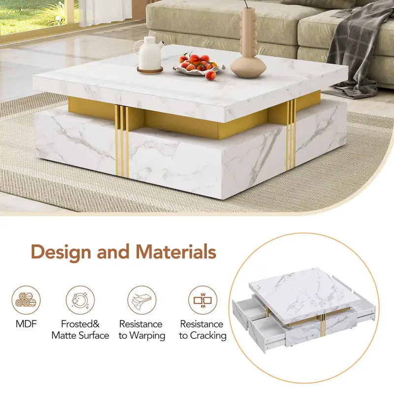 Table basse carrée moderne de 43,3 cm avec 4 tiroirs de rangement pour salon
