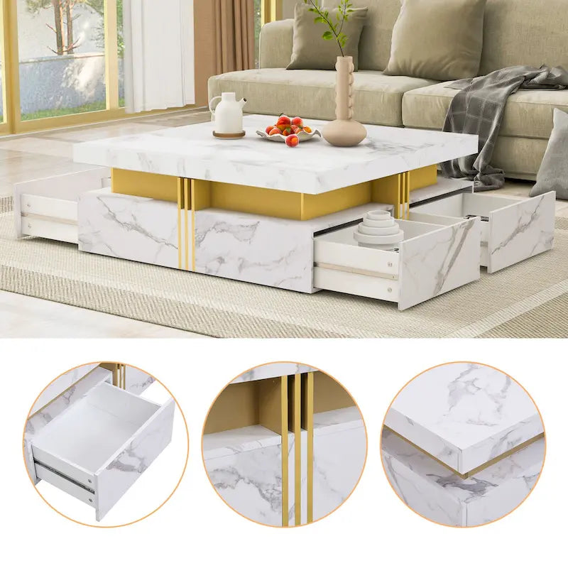 Table basse carrée moderne de 43,3 cm avec 4 tiroirs de rangement pour salon