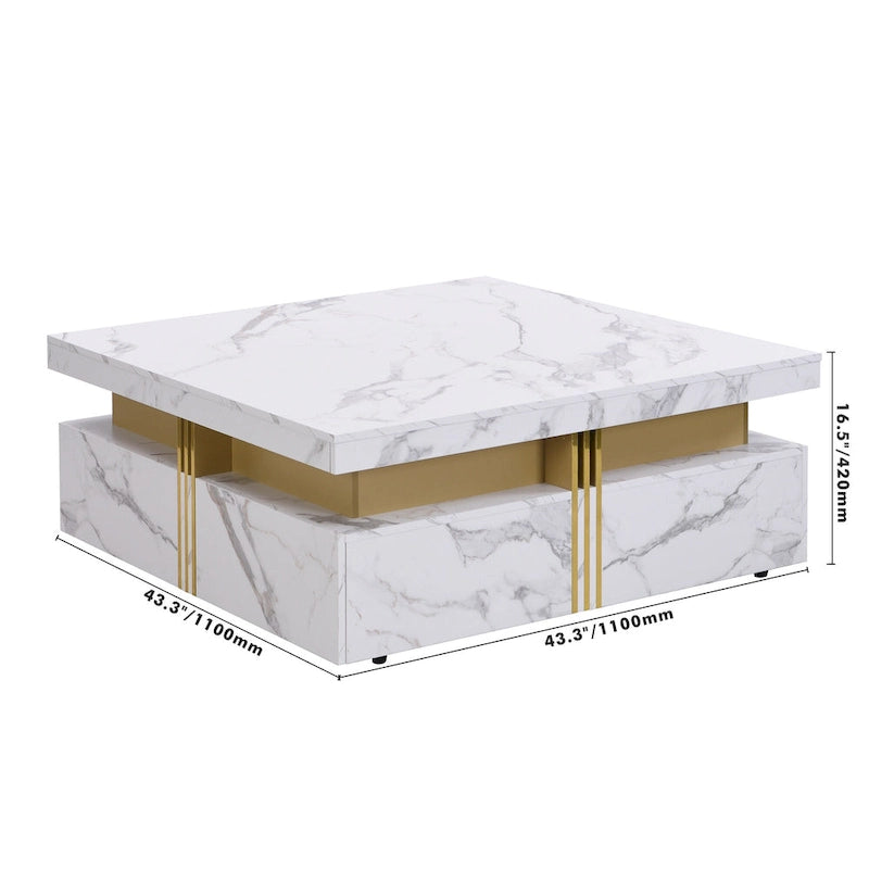 Table basse carrée moderne de 43,3 cm avec 4 tiroirs de rangement pour salon