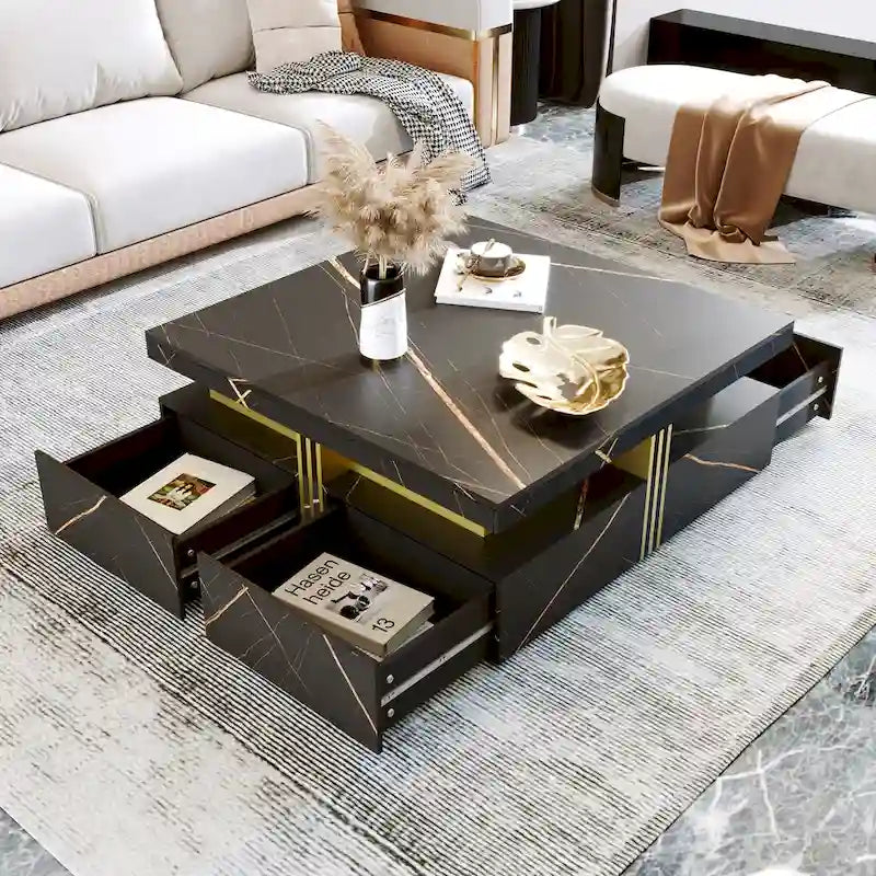 Table basse carrée moderne de 43,3 cm avec 4 tiroirs de rangement pour salon