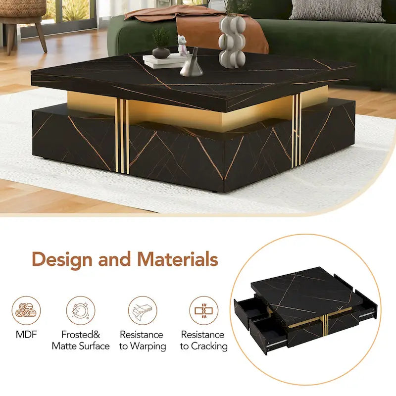 Table basse carrée moderne de 43,3 cm avec 4 tiroirs de rangement pour salon