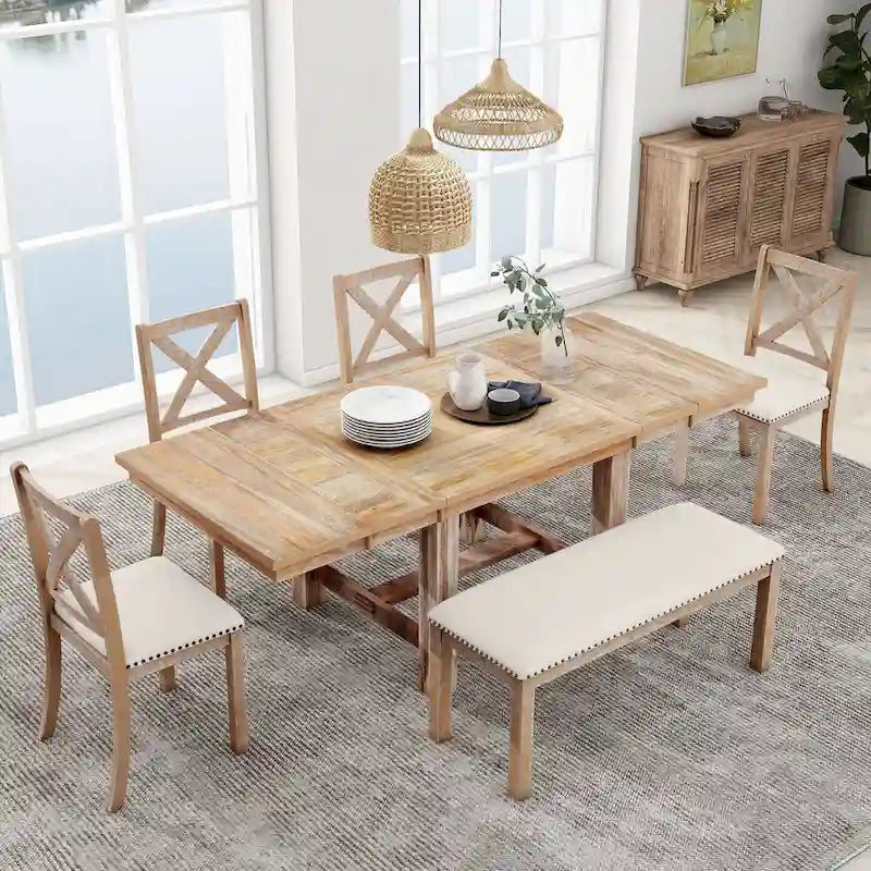 Ensemble de salle à manger en bois 6 pièces avec table extensible, 4 chaises et banc.