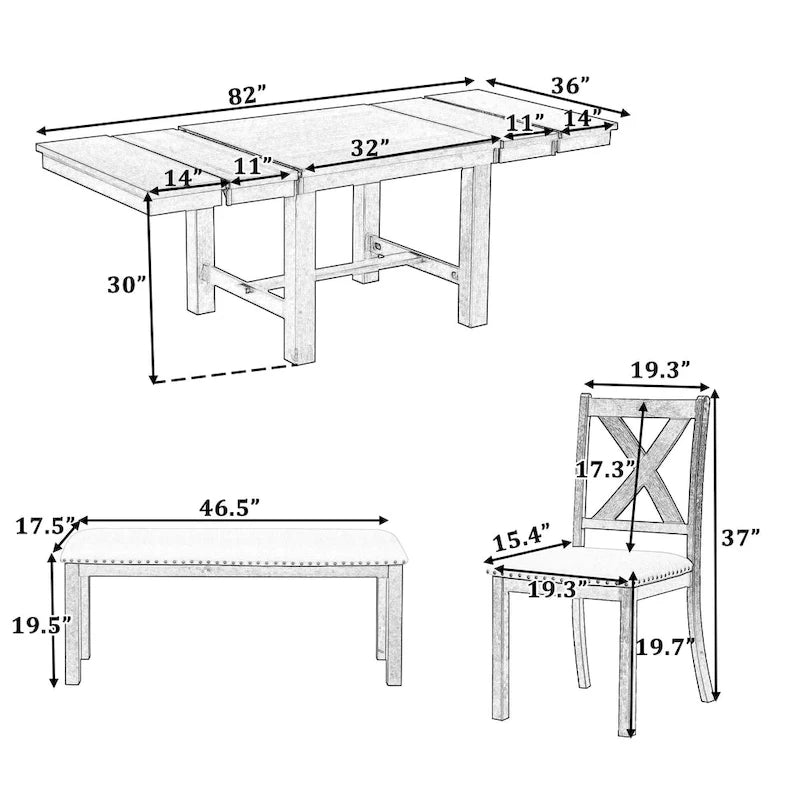 Ensemble de salle à manger en bois 6 pièces avec table extensible, 4 chaises et banc.