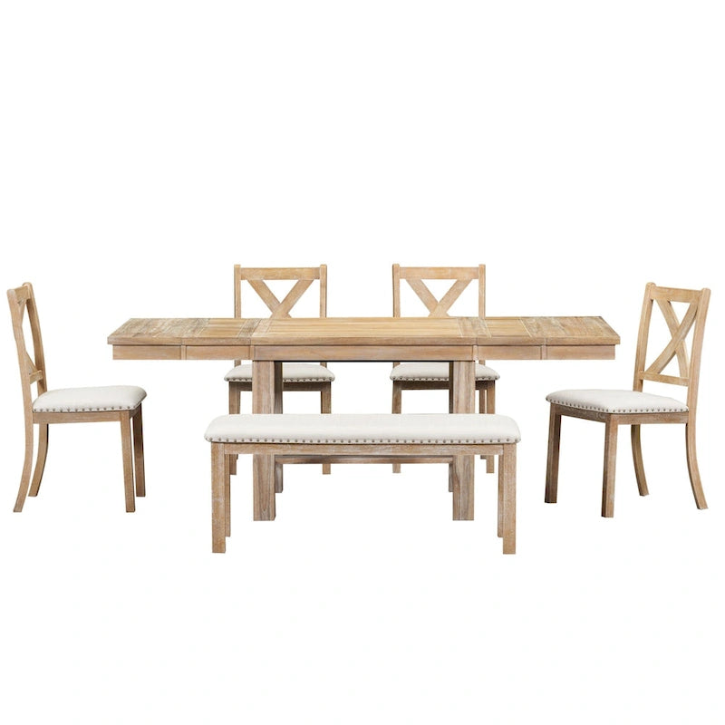 Ensemble de salle à manger en bois 6 pièces avec table extensible, 4 chaises et banc.