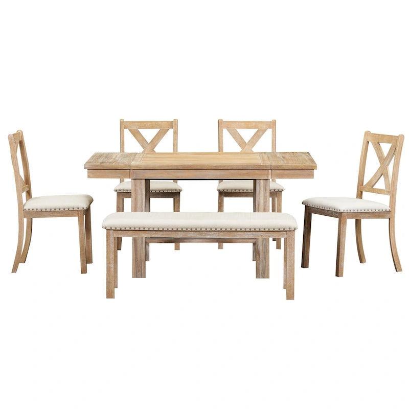 Ensemble de salle à manger en bois 6 pièces avec table extensible, 4 chaises et banc.