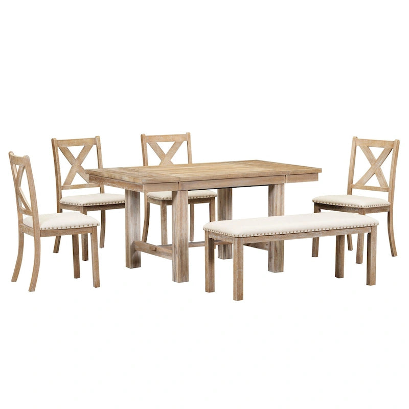 Ensemble de salle à manger en bois 6 pièces avec table extensible, 4 chaises et banc.