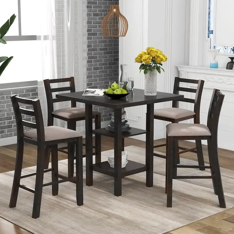 Ensemble table et chaises de salle à manger en bois, hauteur comptoir, 4 chaises et étagère, 5 pièces