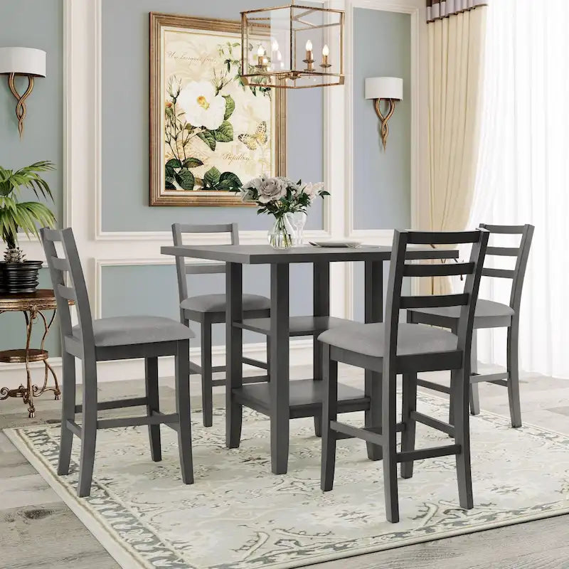 Ensemble table et chaises de salle à manger en bois, hauteur comptoir, 4 chaises et étagère, 5 pièces