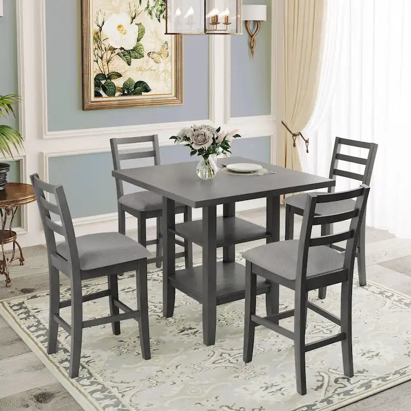 Ensemble table et chaises de salle à manger en bois, hauteur comptoir, 4 chaises et étagère, 5 pièces
