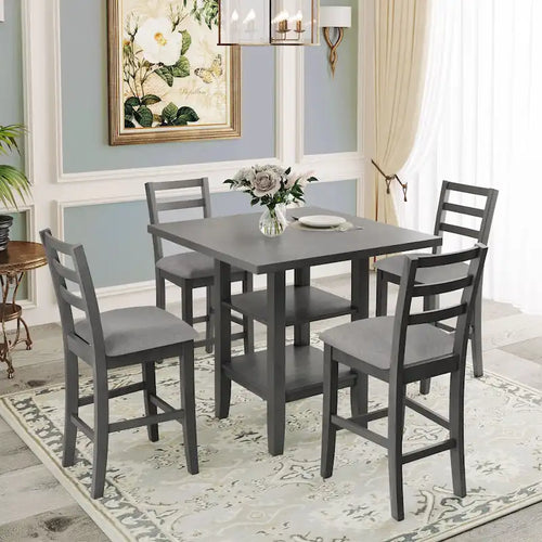 Ensemble table et chaises de salle à manger en bois, hauteur comptoir, 4 chaises et étagère, 5 pièces