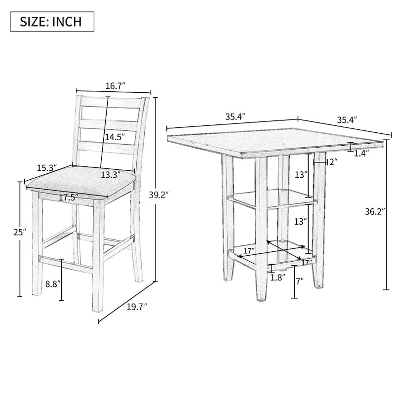 Ensemble table et chaises de salle à manger en bois, hauteur comptoir, 4 chaises et étagère, 5 pièces