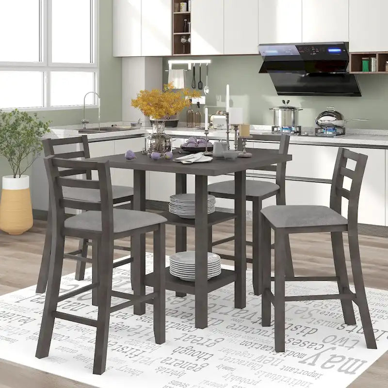 Ensemble table et chaises de salle à manger en bois, hauteur comptoir, 4 chaises et étagère, 5 pièces