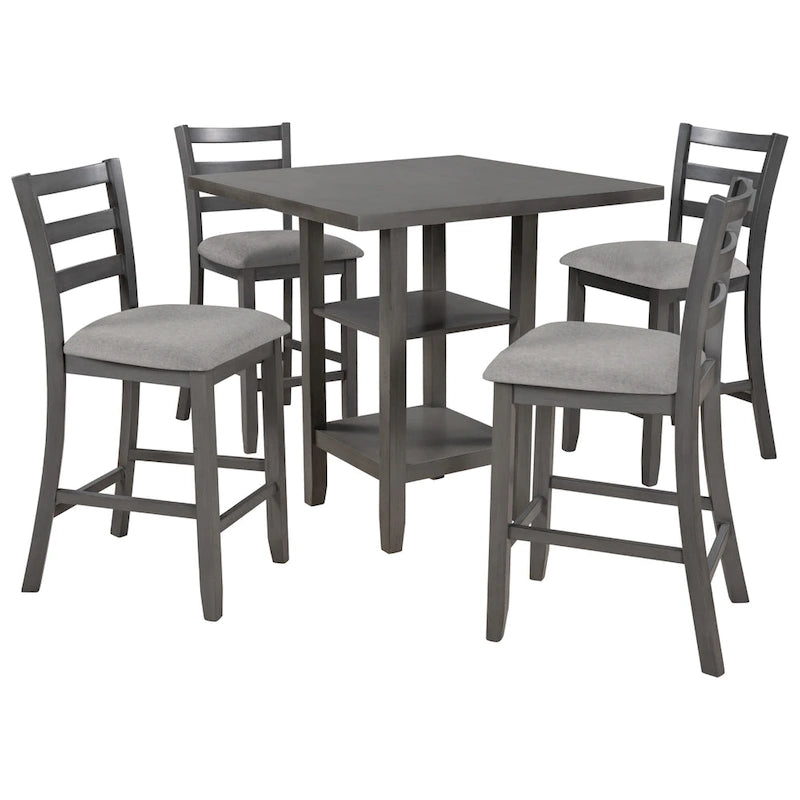 Ensemble table et chaises de salle à manger en bois, hauteur comptoir, 4 chaises et étagère, 5 pièces