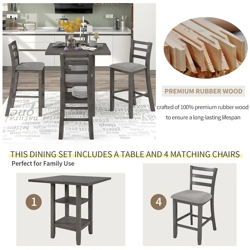 Ensemble table et chaises de salle à manger en bois, hauteur comptoir, 4 chaises et étagère, 5 pièces