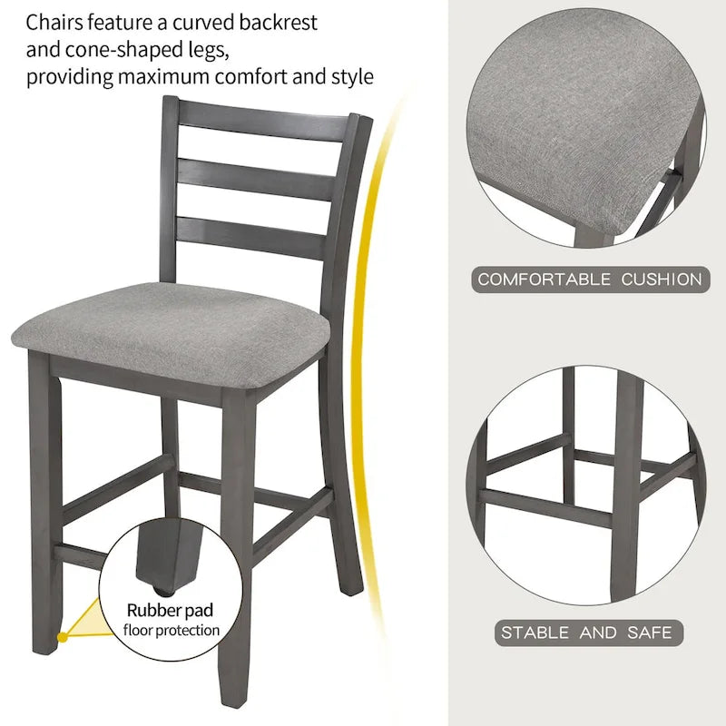 Ensemble table et chaises de salle à manger en bois, hauteur comptoir, 4 chaises et étagère, 5 pièces