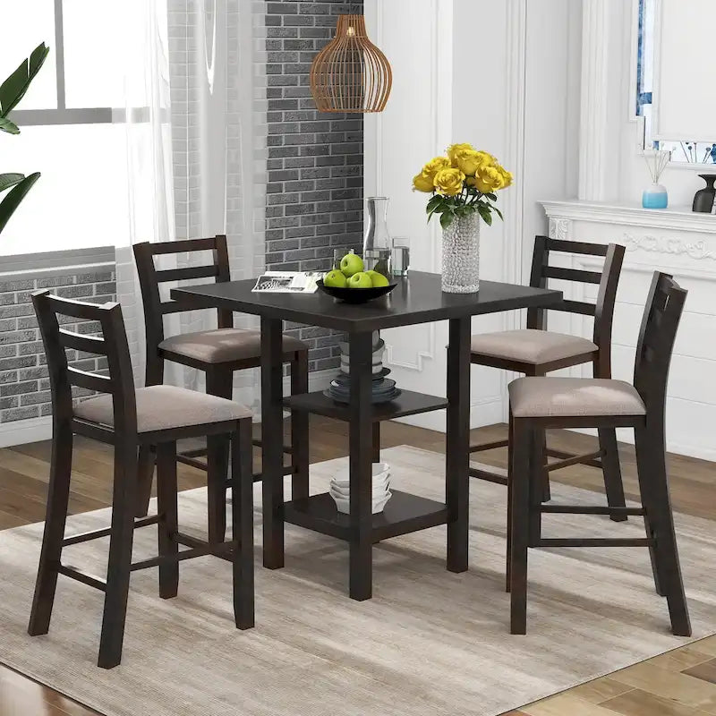 Ensemble table et chaises de salle à manger en bois, hauteur comptoir, 4 chaises et étagère, 5 pièces