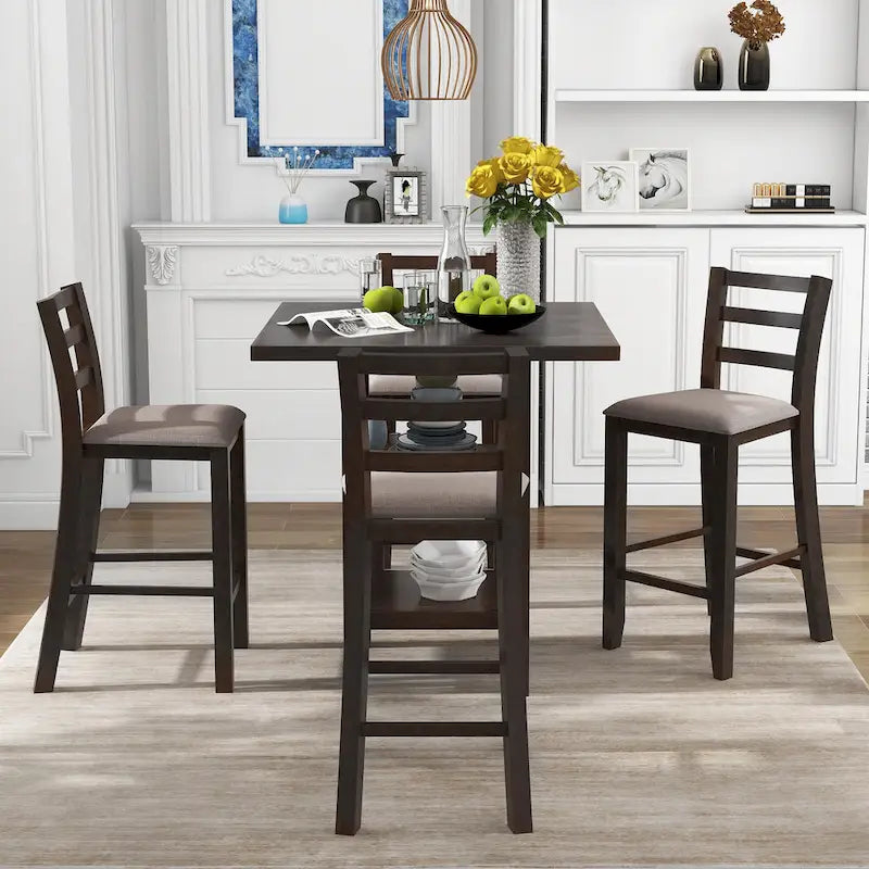 Ensemble table et chaises de salle à manger en bois, hauteur comptoir, 4 chaises et étagère, 5 pièces