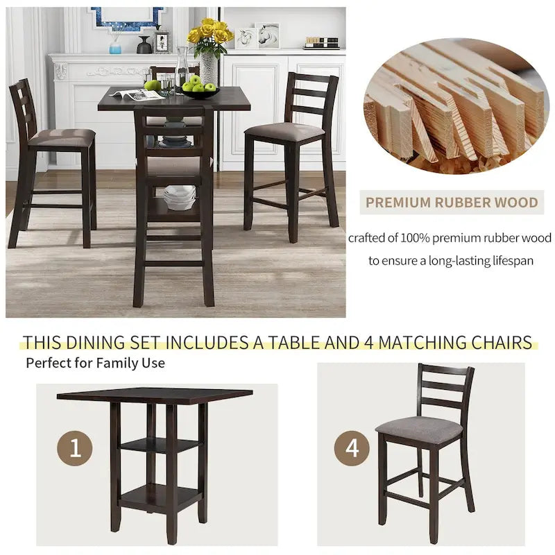 Ensemble table et chaises de salle à manger en bois, hauteur comptoir, 4 chaises et étagère, 5 pièces