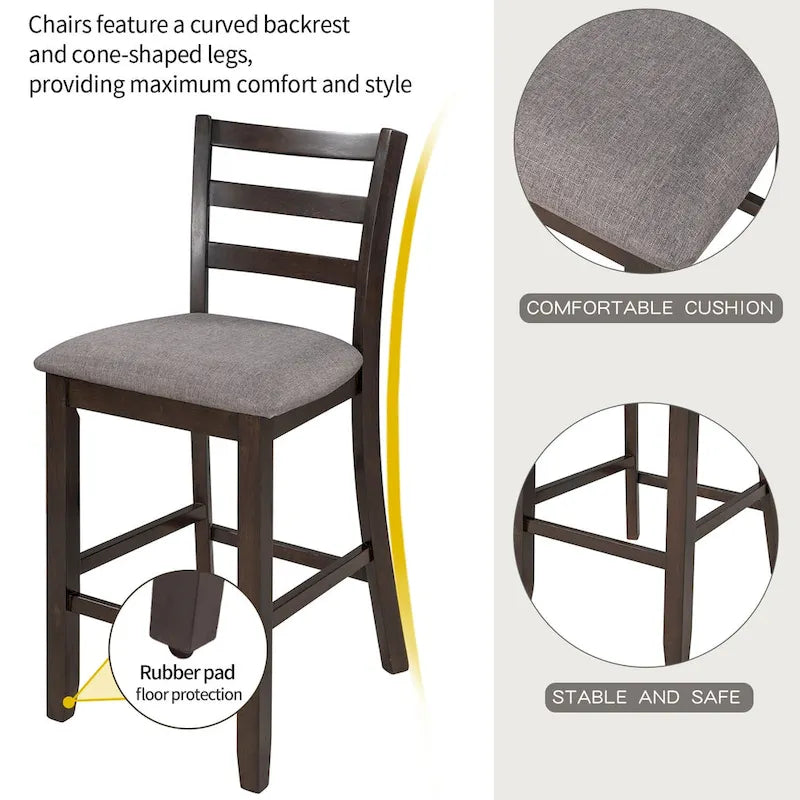 Ensemble table et chaises de salle à manger en bois, hauteur comptoir, 4 chaises et étagère, 5 pièces