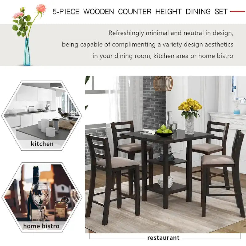 Ensemble table et chaises de salle à manger en bois, hauteur comptoir, 4 chaises et étagère, 5 pièces