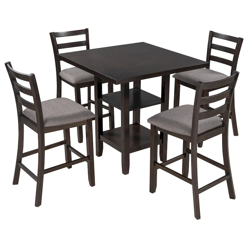 Ensemble table et chaises de salle à manger en bois, hauteur comptoir, 4 chaises et étagère, 5 pièces