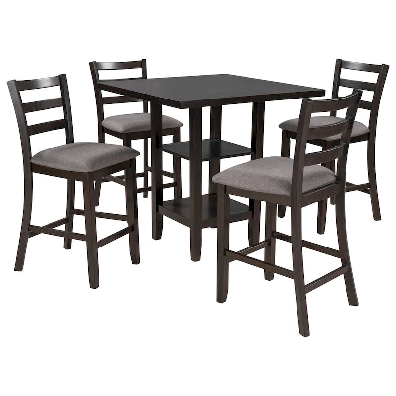Ensemble table et chaises de salle à manger en bois, hauteur comptoir, 4 chaises et étagère, 5 pièces