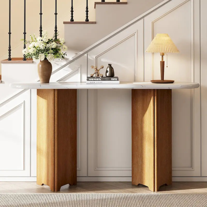 Console de 53,9 cm avec plateau en imitation marbre et piètement en bois