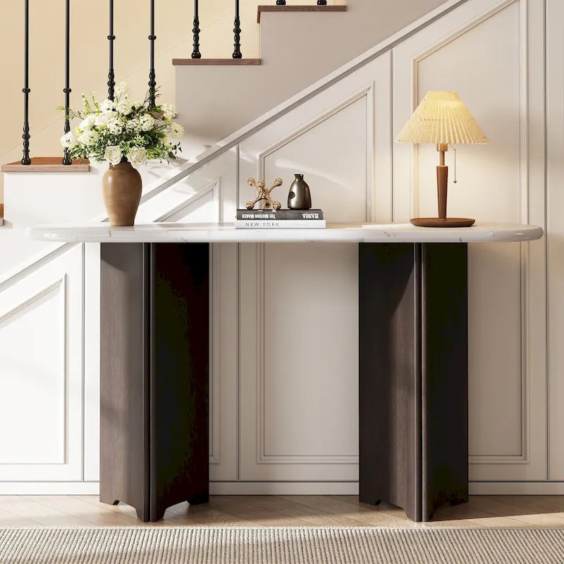 Console de 53,9 cm avec plateau en imitation marbre et piètement en bois