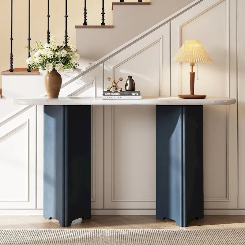 Console de 53,9 cm avec plateau en imitation marbre et piètement en bois