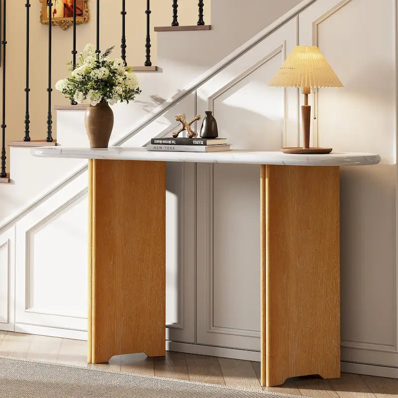 Console de 53,9 cm avec plateau en imitation marbre et piètement en bois