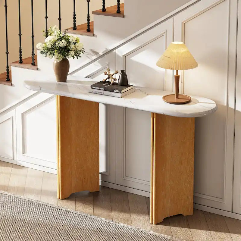 Console de 53,9 cm avec plateau en imitation marbre et piètement en bois