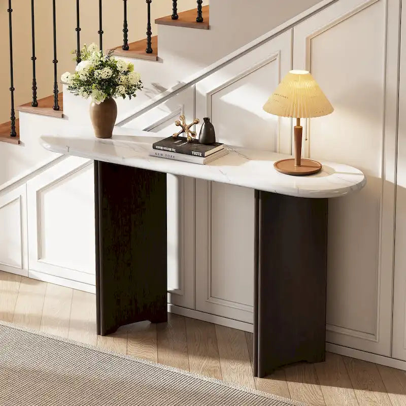 Console de 53,9 cm avec plateau en imitation marbre et piètement en bois