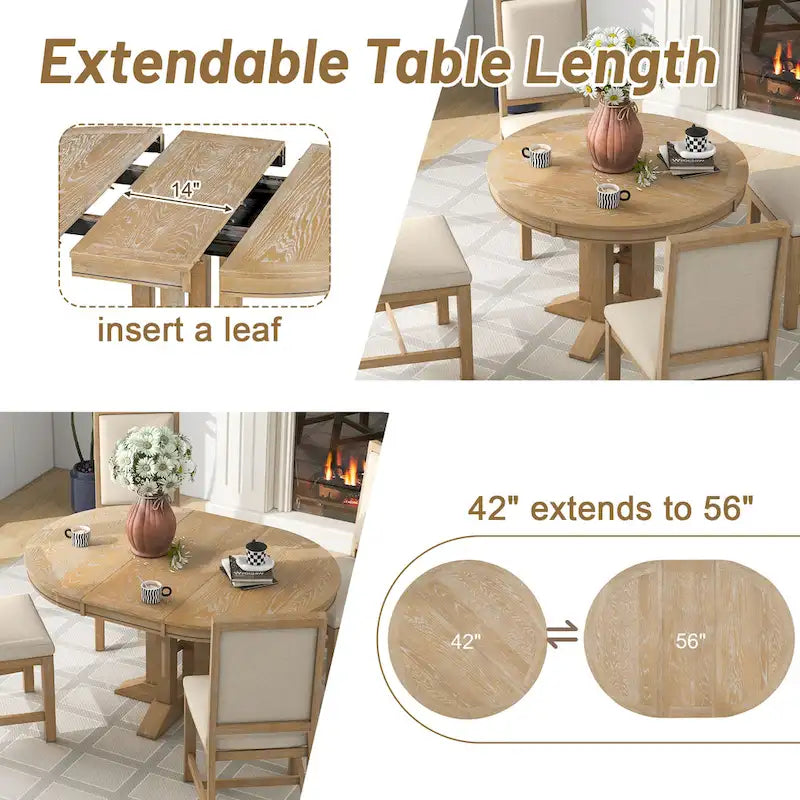 Ensemble de salle à manger en bois 5 pièces avec table ronde extensible et 4 chaises