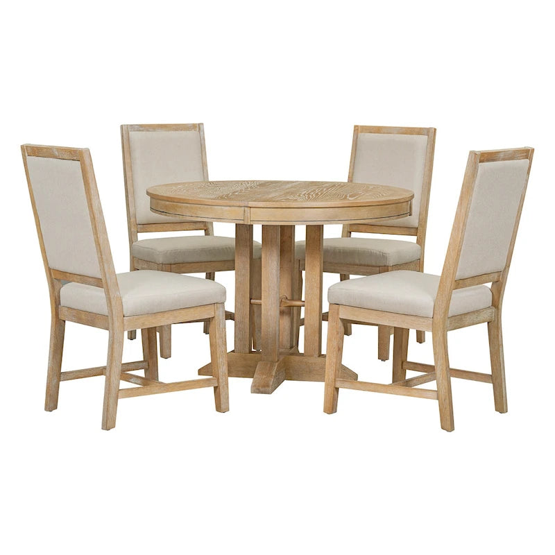 Ensemble de salle à manger en bois 5 pièces avec table ronde extensible et 4 chaises