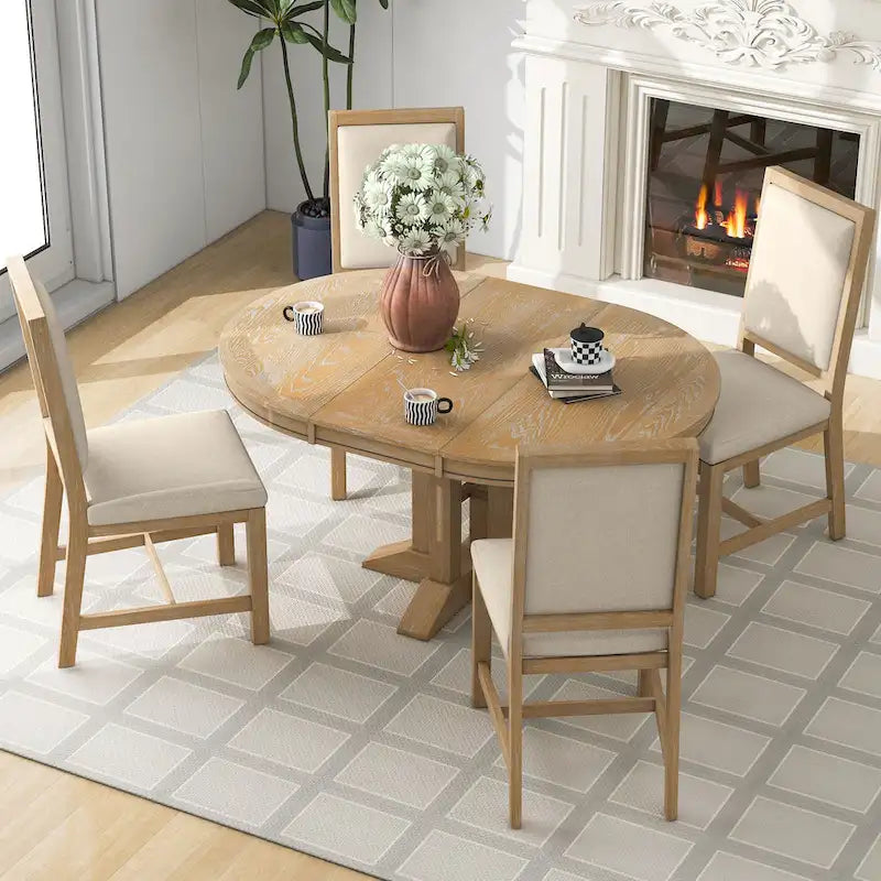 Ensemble de salle à manger en bois 5 pièces avec table ronde extensible et 4 chaises