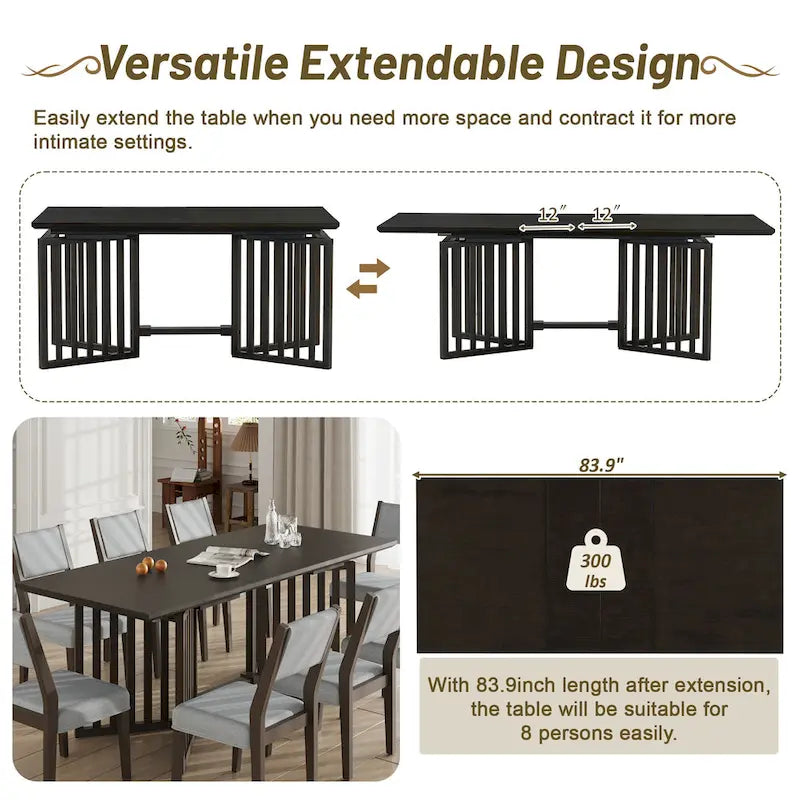 Ensemble de salle à manger extensible en bois de style campagnard, composé de 9 pièces, avec 2 rallonges amovibles et 8 chaises de salle à manger rembourrées.